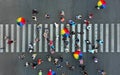 Aerial. Pedestrian crossing crosswalk.