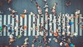 Aerial. People crowd on pedestrian crosswalk. Top view background. Toned image