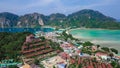 Aerial perspective of beautiful tropical island with hotels and beach in Thailand. Drone photo