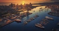 An Aerial Perspective of a Bustling City Port at Sunset, Adorned with Ships and Yachts