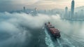 Cargo ship navigating Hong Kong bay under low clouds