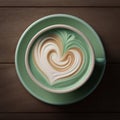 Aerial perspective of a heart-shaped latte art in a lovely shade of sage. Generative AI