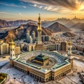 Aerial view of the Kaaba in Mecca with surrounding buildings, minarets, and mountains at sunrise Royalty Free Stock Photo