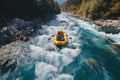 An aerial perspective reveals thrill seekers rafting down a mountain river