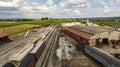 Aerial Perspective of Rural Rail Yard and Farmlands