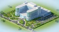 Modern office building complex with landscaped grounds and parking aerial view white background Royalty Free Stock Photo
