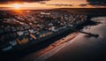 Aerial perspective stunning view of sunset over coastal town. Generative AI