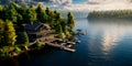aerial perspective of a tranquil lakeside retreat, with a cabin, dock, and forested surroundings. Generative AI