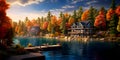 aerial perspective of a tranquil lakeside retreat, with a cabin, dock, and forested surroundings. Generative AI
