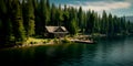 aerial perspective of a tranquil lakeside retreat, with a cabin, dock, and forested surroundings. Generative AI