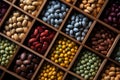 An aerial perspective of varied beans displayed in compact wooden vessels Royalty Free Stock Photo