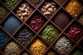 An aerial perspective of varied beans displayed in compact wooden vessels Royalty Free Stock Photo