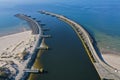 Aerial perspective view on sea breakwaters and ship port entrance