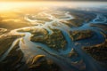 Aerial Perspective Of A Winding River Delta Merging Into The Sea. Generative AI