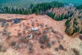 Aerial photo of abandoned house in forest