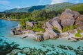 Aerial photo of amazing granite Rocks on beautiful paradise tropical beach Anse Source D Argent at La Digue island