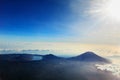 Aerial photo of Batur, Abang, Agung volcanoes on Bali island Royalty Free Stock Photo