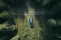 Aerial photo of a car driving over forest road. Generative AI
