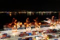 Aerial photo of cargo terminal loading shipping containers onto cargo ships, marine terminal, cargo crane, port of Royalty Free Stock Photo