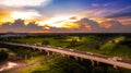 Aerial Photo Countryside Car Running on Road Bridge Over Railway Royalty Free Stock Photo