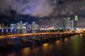 Aerial photo Downtown Miami at night. Bridges over water leading to the city Royalty Free Stock Photo