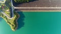 Aerial photo from flying drone of asphalt road around the dam,beautiful nature landscape