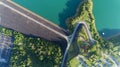 Aerial photo from flying drone of asphalt road around the dam,beautiful nature landscape