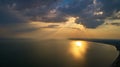 Aerial photo from flying drone of a fascinating nature landscape with dramatic evening sunset sky Royalty Free Stock Photo