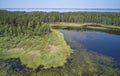 Aerial photo of forest boggy lake in the Karakansky pine forest near the shore of the Ob reservoir