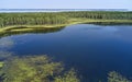 Aerial photo of forest boggy lake in the Karakansky pine forest near the shore of the Ob reservoir Royalty Free Stock Photo