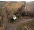 Aerial photo of a former watchtower at the border fortifications between the GDR and the FRG. Open-air exhibition in a forest near