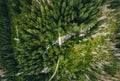 Aerial photo of green forest with curved mountain river and wooden bridge by drone from very high altitude. Top view of peaceful Royalty Free Stock Photo