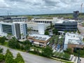 An aerial photo of Lake Nona`s Town Center with a Marriott Courtyard hotel and restaurants