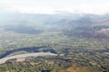 Aerial photo of landscape around Christchurch, New Zealand, South Island,  taken from airplane before landing to Christchurch. Royalty Free Stock Photo