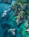 Aerial photo of landscape, beautiful coastline with rocky cliffs covered in green trees. Water is clear turquoise, waves