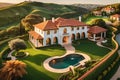 Aerial Photo of a Luxurious Estate at Sunset - Nestled in Rolling Hills, Sharp Focus on the Sprawling Grandeur