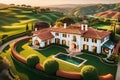 Aerial Photo of a Luxurious Estate at Sunset - Nestled in Rolling Hills, Sharp Focus on the Sprawling Grandeur