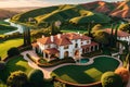 Aerial Photo of a Luxurious Estate at Sunset - Nestled in Rolling Hills, Sharp Focus on the Sprawling Grandeur