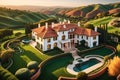 Aerial Photo of a Luxurious Estate at Sunset - Nestled in Rolling Hills, Sharp Focus on the Sprawling Grandeur