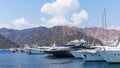 Aerial photo of luxury super yacht marina and sailing boats Royalty Free Stock Photo