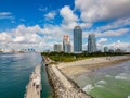 Aerial photo Miami Beach pier with views of South Pointe Park and highrise condominiums Royalty Free Stock Photo