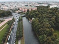 Aerial photo of the Moika river, the center of St . Petersburg, Mikhailovsky Park, Mikhailovsky Palace, Engineering Palace, roofs,