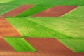 Aerial photo of a multicolored and fertile cultivated field during spring season