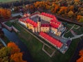 Aerial photo Nesvizh castle in autumn evening, Belarus Minsk Royalty Free Stock Photo