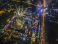 Aerial night shot of Yogyakarta museum with fireworks