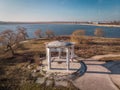 Aerial photo of the old kiosk on the Morii Lake Island, Bucharest, Romania