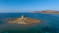 Aerial photo of the old prison tower on Isola Della Pelosa in the northwest of Sardinia in the Province of Sassari