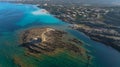 Aerial photo of the old prison tower on Isola Della Pelosa in the northwest of Sardinia in the Province of Sassari