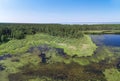 Aerial photo panorama of forest boggy lake in the Karakansky pine forest near the shore of the Ob reservoir Royalty Free Stock Photo
