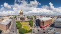 Aerial photo panorama of Isaac cathedral at day time, panorama of city, cityscape, golden dome, Neva river, square, streets and